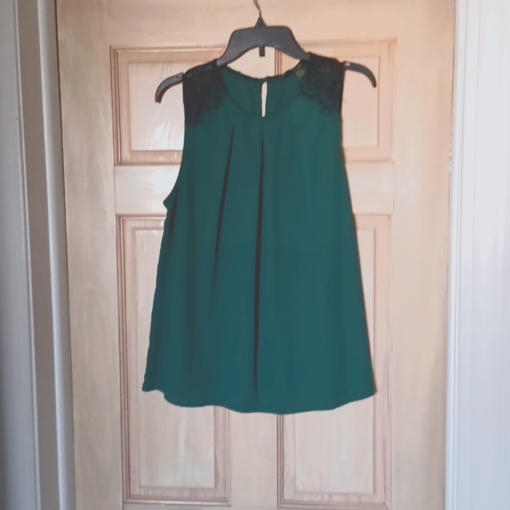 fun 2 fun Dark Green Sleeveless Blouse with Black Lace